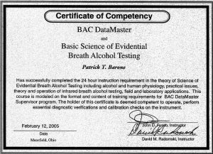 Patrick Barone — Manufacturer-Level Certification, DataMaster DMT Breath Testing Instrument, Michigan OWI defense