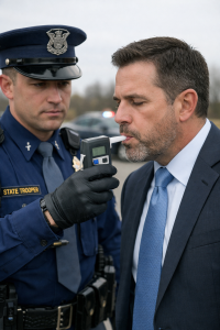 Driver taking roadside preliminary breath test during Michigan DUI traffic stop