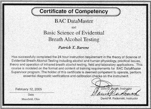 Patrick Barone DataMaster DMT manufacturer certification infrared spectroscopy breath testing Michigan OWI defense