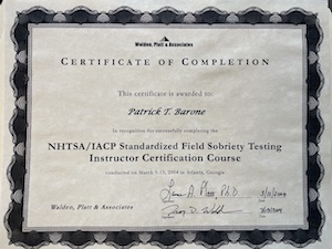 Patrick Barone IACP NHTSA certified SFST instructor certificate Michigan OWI defense Phase Three pre-arrest screening expertise